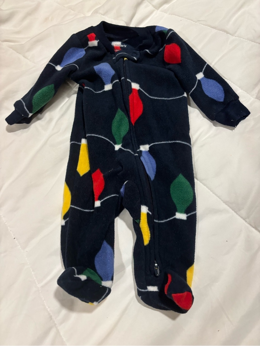 Carter's Navy Fleece Footed Sleep Sack with colorful holiday ornaments Newborn